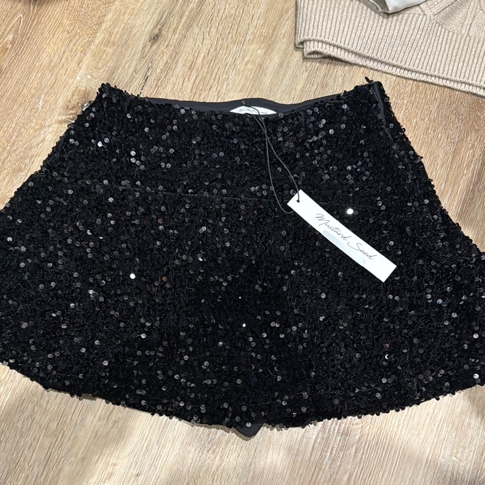 Mustard Seed Black Sequin Mini Skirt